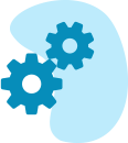 A blue and white image of two gears